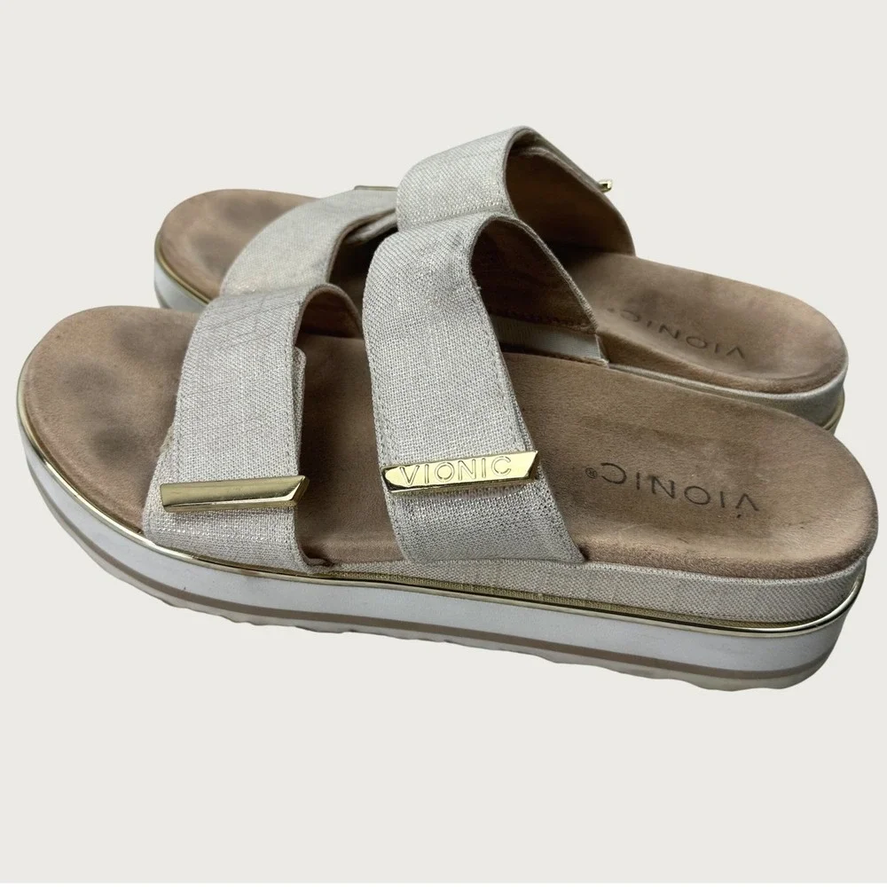 Vionic Brandie Sandals Women 9 Cream Gold Platform Slide Orthotic Comfort Casual